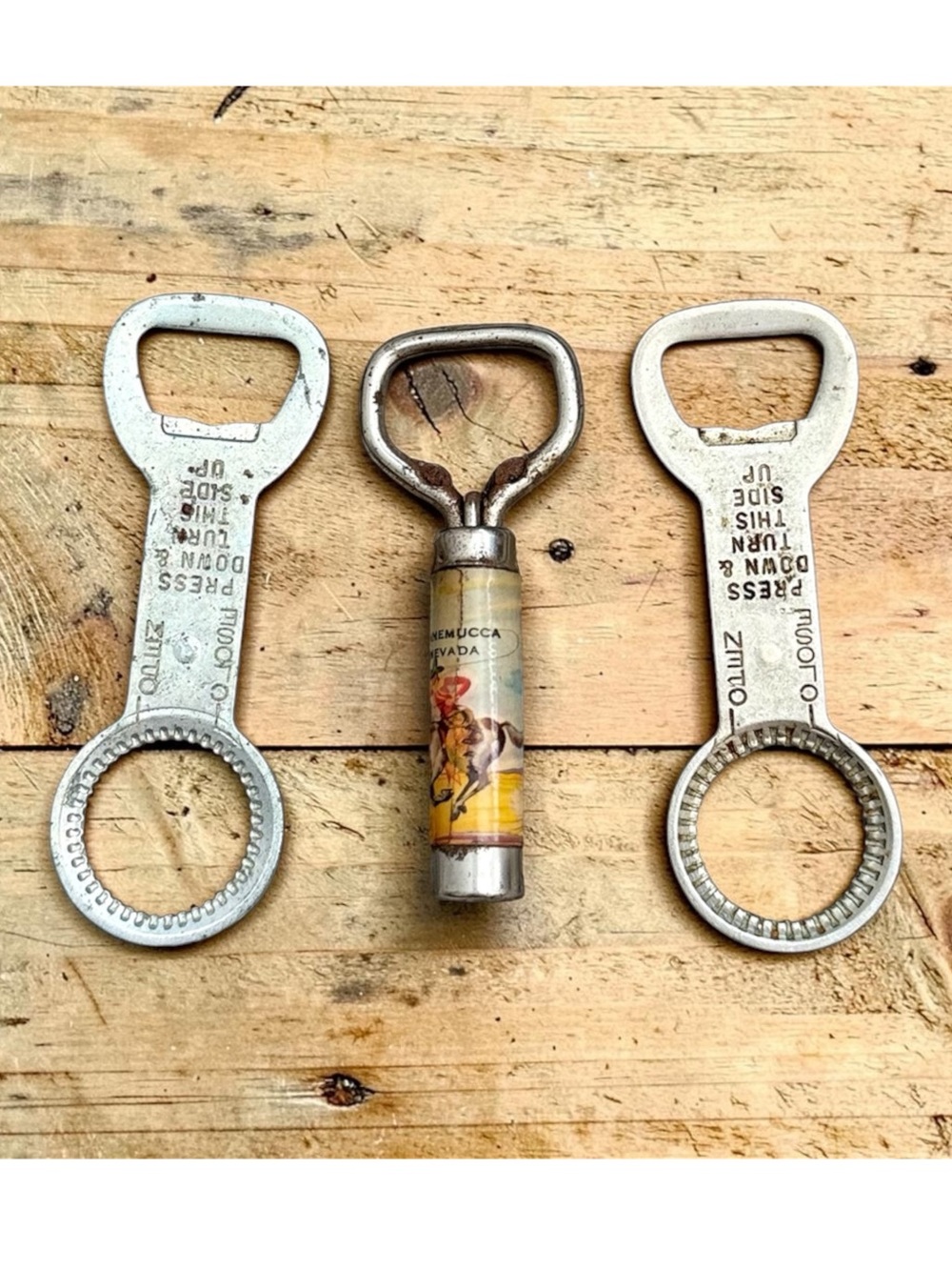 3 Vintage Bottle Openers Ekco USA Winnemucca Nevada Silver Metal